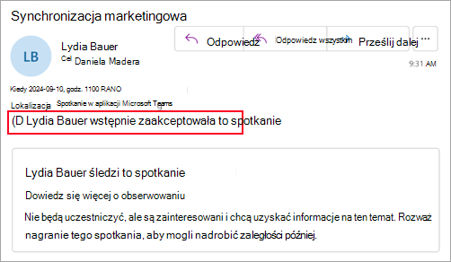 Zrzut ekranu dla organizatorów, którzy nie korzystają z nowego programu Outlook, co oznacza, że uczestnik wstępnie zaakceptował spotkanie
