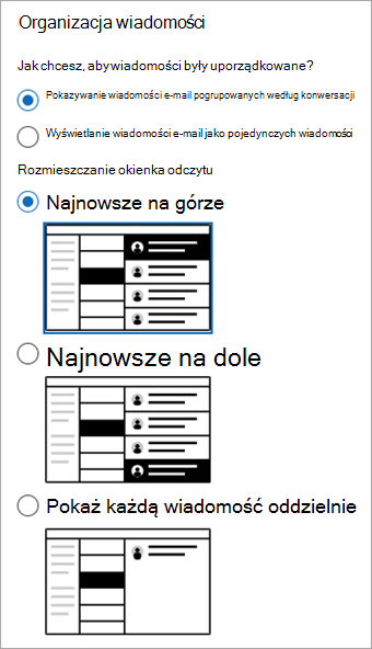 Zrzut ekranu przedstawiający sekcję Ustawienia > układu poczty> z wyświetloną sekcją Organizacja wiadomości