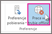 Zrzut ekranu przedstawiający przycisk Pracuj w trybie offline w programie Outlook 2013.