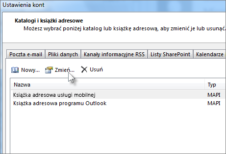 Kliknij odpowiednią książkę adresową, a następnie kliknij pozycję Zmień.