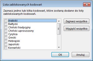 Okno dialogowe Lista zablokowanych kodowań