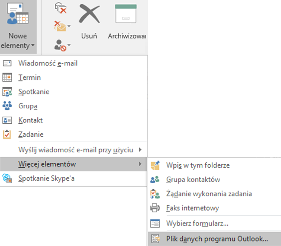 Tworzenie nowego pliku danych programu Outlook