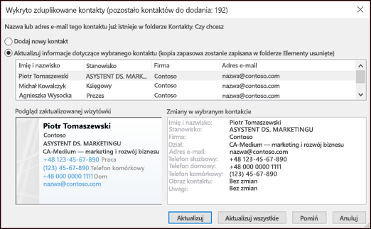 Wybierz, co chcesz zrobić ze zduplikowanymi kontaktami.