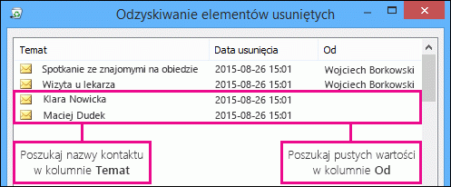 Sortowanie według kolumny Temat lub Od w celu znalezienia kontaktów