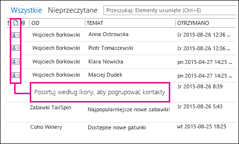 Ikona sortowania według do grupowania kontaktów w folderze Elementy usunięte