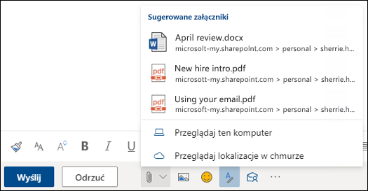 Dołączanie plików z wyświetlonymi sugerowanymi załącznikami