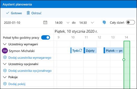 Asystent planowania wyświetlający wydarzenia z wielu kalendarzy
