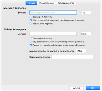 Ustawienia serwera konta serwera Exchange