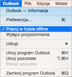 Przedstawia opcję Praca w trybie offline zaznaczoną w menu programu Outlook