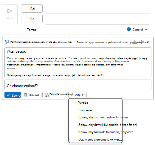 Przedstawia stronę klasycznej poczty programu Outlook z projektem rozwiązania Copilot i wyświetlonymi opcjami Dopasowywanie.