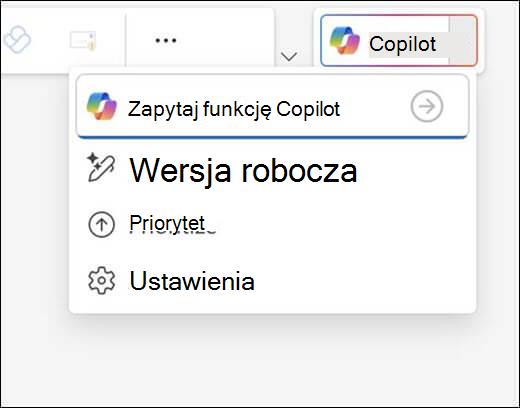 Menu Copilot w programie Outlook.