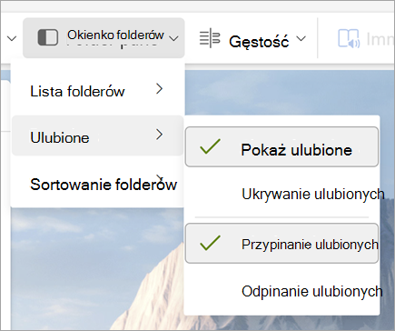 Zrzut ekranu przedstawiający listę rozwijaną okienka folderów z wybraną pozycją Pokaż ulubione i Przypnij ulubione