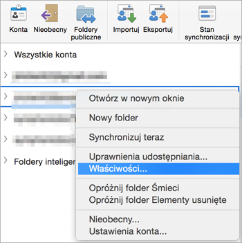 Przedstawia menu kontekstowe folderu programu Exchange z zaznaczoną opcją Właściwości