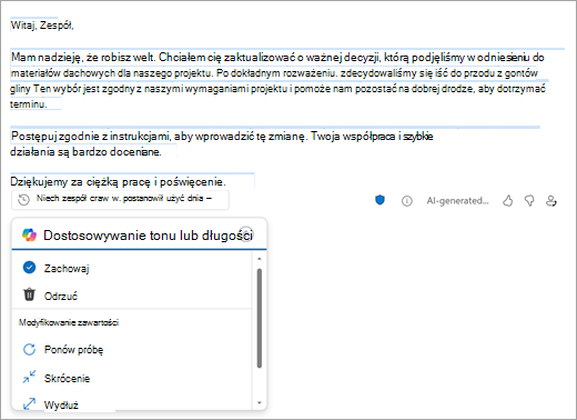 Przedstawia stronę Nowa poczta programu Outlook z wersją roboczą utworzoną przez program Outlook. Poniżej wersji roboczej znajdują się opcje zachowania, odrzucenia lub zmiany wersji roboczej.