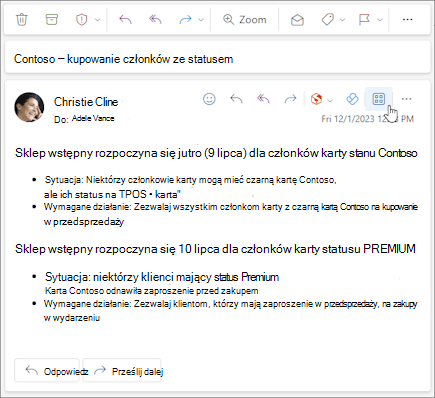 Ikona Aplikacje na pasku akcji wiadomości w Outlook w sieci Web i w nowym programie Outlook dla systemu Windows.