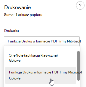 Zrzut ekranu przedstawiający wybór opcji Drukuj w formacie PDF firmy Microsoft