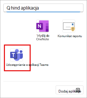 Wybierz pozycję Udostępnij w usłudze Teams, aby udostępnić wiadomość e-mail w programie Outlook aplikacji Teams.