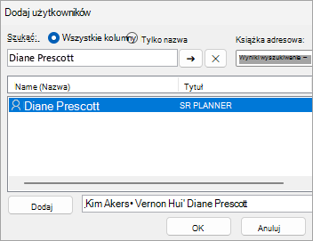 Zrzut ekranu przedstawiający dodawanie użytkowników do udostępniania folderu
