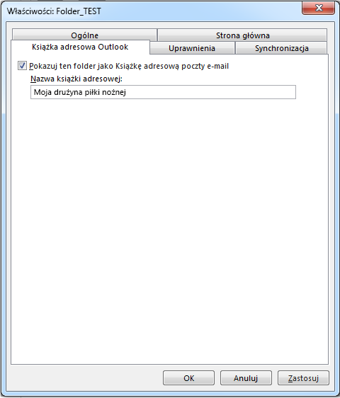 Upewnij się, że jest zaznaczone pole wyboru Pokaż ten folder jako książkę adresową poczty e-mail.