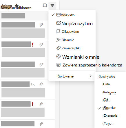 Zrzut ekranu przedstawiający menu Filtr z wybraną pozycją Sortuj według