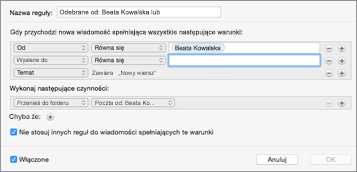 Tworzenie reguły na podstawie istniejącej wiadomości e-mail