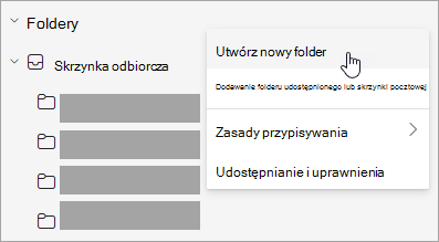 Zrzut ekranu przedstawiający wybraną pozycję Utwórz nowy folder w menu Więcej opcji w okienku folderów