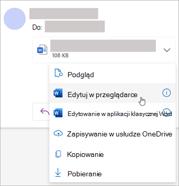Zrzut ekranu przedstawiający listę rozwijaną załączników z wybraną pozycją Edytuj w przeglądarce