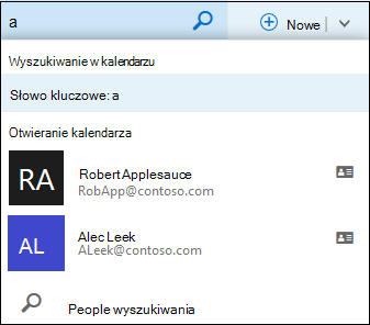 Lista wyszukiwania kalendarza pojawiająca się po wpisaniu czegoś w polu wyszukiwania kalendarza i zawierająca zgodne nazwisko z listy kontaktów lub katalogu.