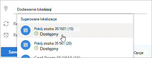 Zrzut ekranu przedstawiający menu sugerowanych lokalizacji