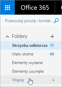 Zrzut ekranu przedstawiający kursor umieszczony na przycisku Więcej w okienku nawigacji w aplikacji Outlook w sieci Web.