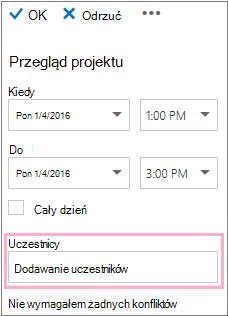 Okienko szczegółów z przedstawionym polem Uczestnicy do użycia z Asystentem planowania