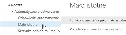 Zrzut ekranu przedstawiający kursor umieszczony na pozycji Mało istotne w menu Ustawienia.