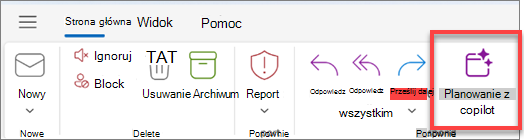 Pokazuje pasek narzędzi programu Outlook z wyróżnionym przyciskiem Harmonogram z opcją Copilot.