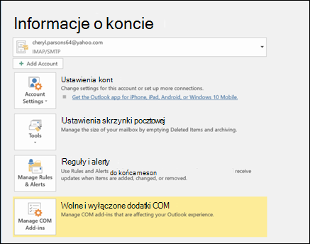 Zrzut ekranu przedstawiający przycisk odpowiedzi automatycznych, używanie reguł do wysyłania wiadomości o nieobecności.