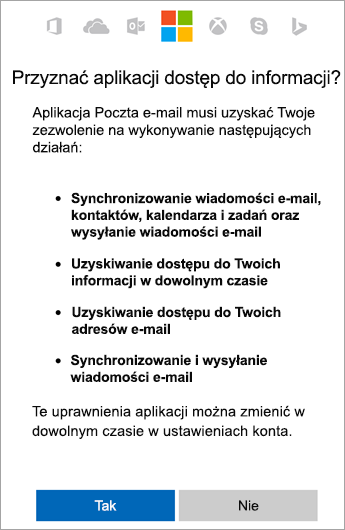 Naciśnięcie przycisku Tak w celu zaakceptowania uprawnień