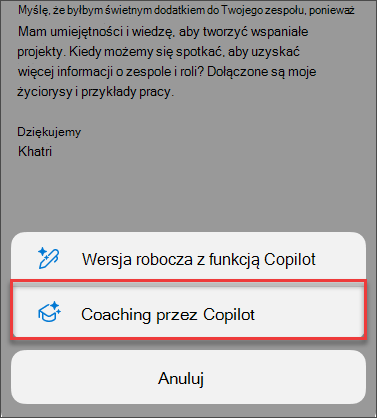 Opcja Menu dla usługi Coaching by Copilot w programie Outlook dla urządzeń przenośnych