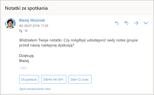 Zrzut ekranu przedstawiający sugerowane odpowiedzi