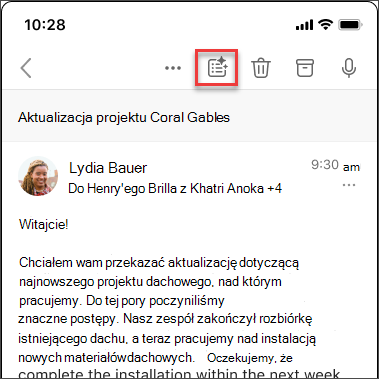 Ikona podsumowania funkcji Copilot w celu podsumowania wątku wiadomości e-mail w systemach iOS i Android.