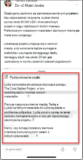 Podsumowanie wiadomości e-mail z funkcji Copilot w systemach iOS i Android