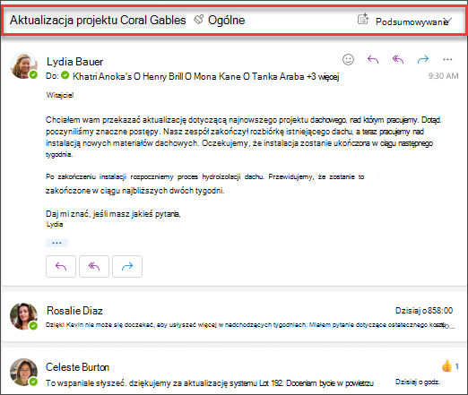 Kliknij pozycję Podsumuj, aby uzyskać podsumowanie wątku wiadomości e-mail utworzone przez funkcję Copilot.