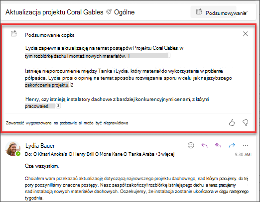 Podsumowanie wątku wiadomości e-mail z cytatami utworzonymi przez firmę Copilot.