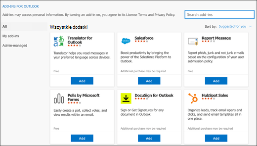 Okno dialogowe Dodatki dla programu Outlook w Outlook dla komputerów Mac