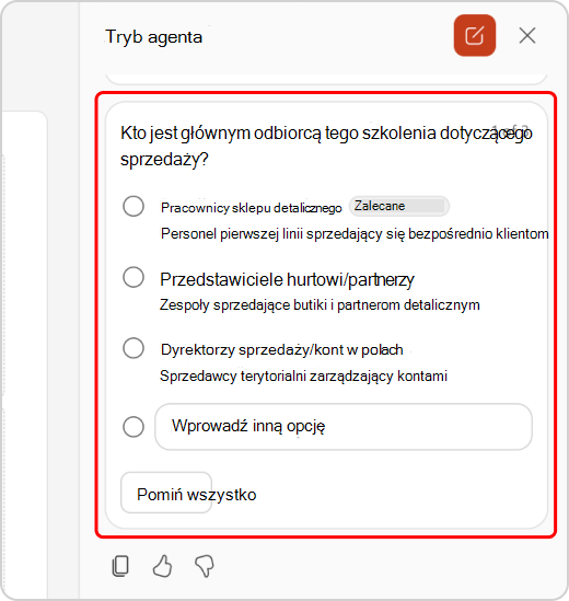 Pytania wyjaśniające na czacie w trybie agenta