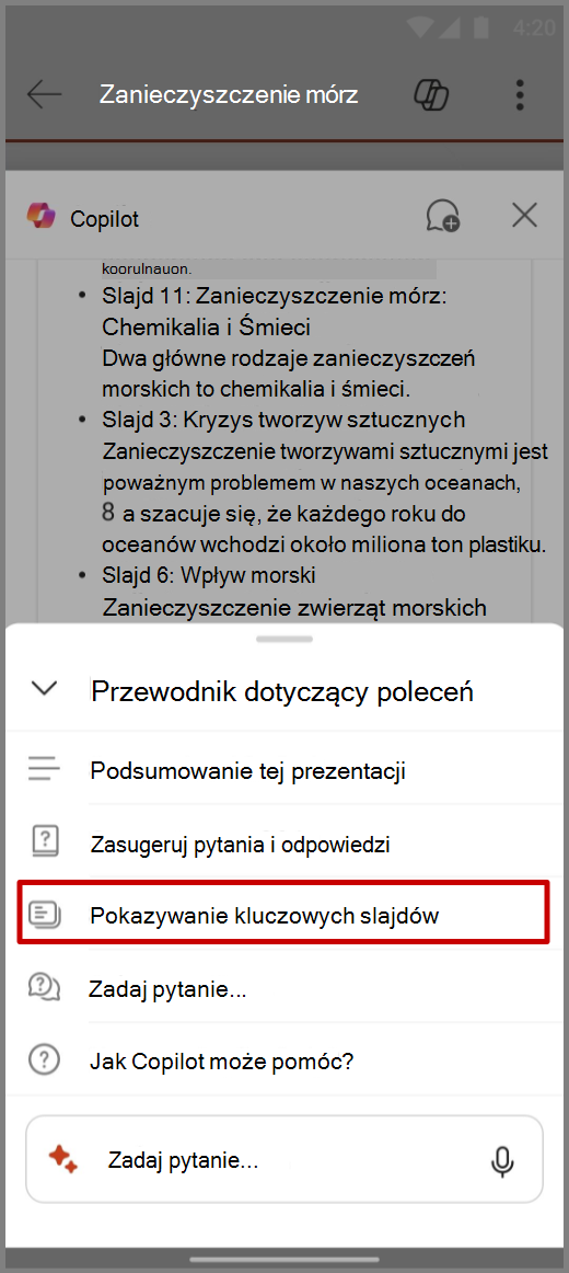 Zrzut ekranu funkcji Copilot w programie PowerPoint na urządzeniu z systemem Android z poleceniem Pokaż kluczowe slajdy