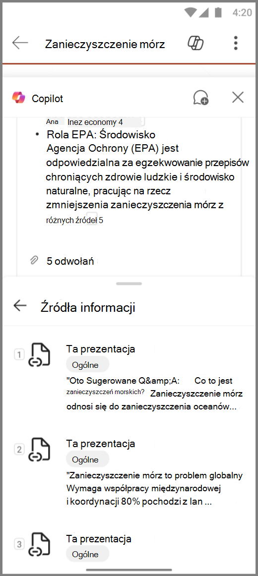 Zrzut ekranu funkcji Copilot w programie PowerPoint na urządzeniu z systemem Android z odniesieniami do odpowiedzi Podsumuj ten zbiór