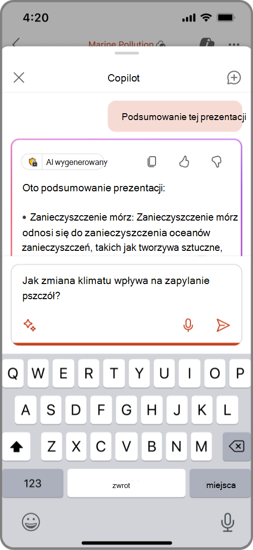 Zrzut ekranu funkcji Copilot w programie PowerPoint na urządzeniu z systemem iOS z poleceniem w polu tworzenia.