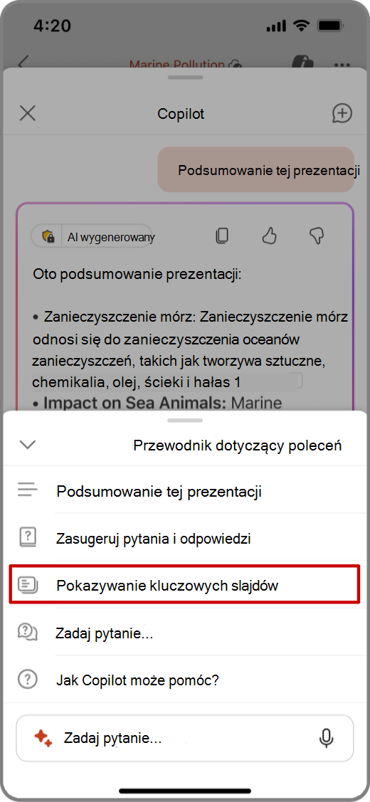 Zrzut ekranu funkcji Copilot w programie PowerPoint na urządzeniu z systemem iOS z poleceniem Pokaż kluczowe slajdy