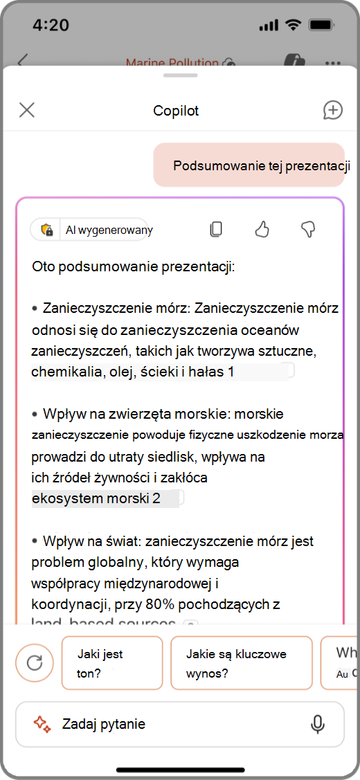Zrzut ekranu funkcji Copilot w programie PowerPoint na urządzeniu z systemem iOS z wynikami Podsumuj ten zbiór