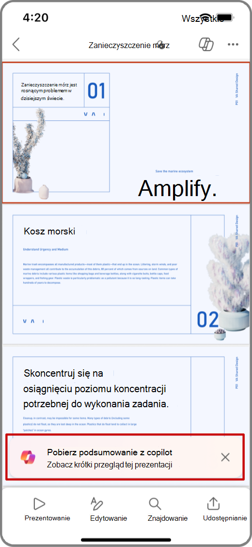 Zrzut ekranu funkcji Copilot w programie PowerPoint na urządzeniu z systemem iOS z podświetlonym poleceniem Pobierz podsumowanie