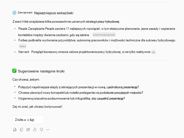 Zrzut ekranu przedstawiający odpowiedź funkcji Copilot na utworzenie prezentacji, przedstawiającą informacje na żądany temat i pytania uzupełniające.